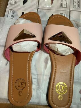 DE Branded Pink Slide Mules with Gold Triangle Accent